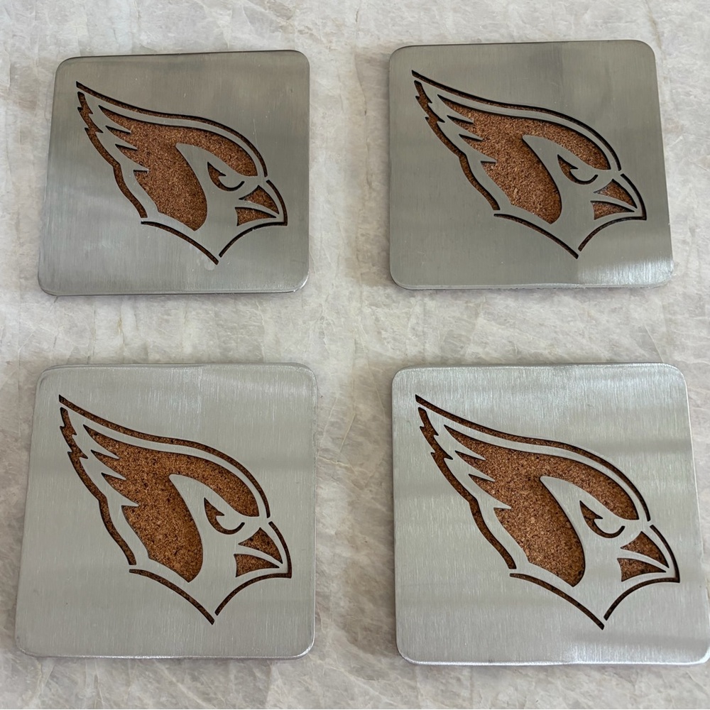 NFL Arizona Cardinals Silver Coasters with Cork, Set of 4, LIKE NEW